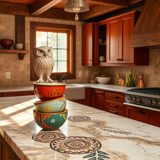 A captivating blog cover image of a Baroque-inspired kitchen countertop made from sleek dark soapstone. The countertop glistens under soft, golden ambient lighting, showcasing unique veining patterns in deep green and gold. In the foreground, whimsical kitchen utensils—including an antique brass measuring cup, a carved wooden spoon, and fresh herb sprigs—are artfully arranged, highlighting the softness of the soapstone. The warm, inviting mood hints at playful sophistication and culinary creativity. 

The background features a mosaic of ornate earth-tone tiles, reflecting Baroque intricacies and enhancing the luxurious setting. Lush potted plants add vibrant greens that contrast with the countertop. An ornate chandelier hangs above, casting soft light across the surface and creating an enchanting atmosphere reminiscent of the Baroque era. A playful shadow of an oversized fruit bowl with vibrant citrus and whimsical gourds stretches across the countertop, emphasizing indulgence and creativity in the kitchen. Subtle swirling patterns on the tile work and countertop enhance the sense of motion and life, with a soft haze of light contributing to the ethereal feel of the composition. This image beautifully captures both the artistry of a culinary space and the elegance of soapstone.