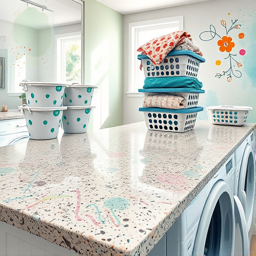 Alt Text: An abstract expressionist depiction of a vibrant laundry room, featuring a large speckled granite countertop with colorful swirls symbolizing cleanliness. Surrounding it are abstract laundry baskets with playful patterns like polka dots and geometric shapes in soft pastels and bold colors. Whimsical color speckles float in the air, resembling scented laundry, while fresh linens drape over edges with imaginative prints. The softly blurred background showcases watercolor-like walls in soothing greens and blues, illuminated by sunlight. Whimsical doodles on the walls add laundry tips and reminders, complemented by bold brush strokes forming abstract floral motifs, enhancing the room's lively and cheerful atmosphere. The image captures a functional yet artistic space, encouraging joy in domestic tasks.