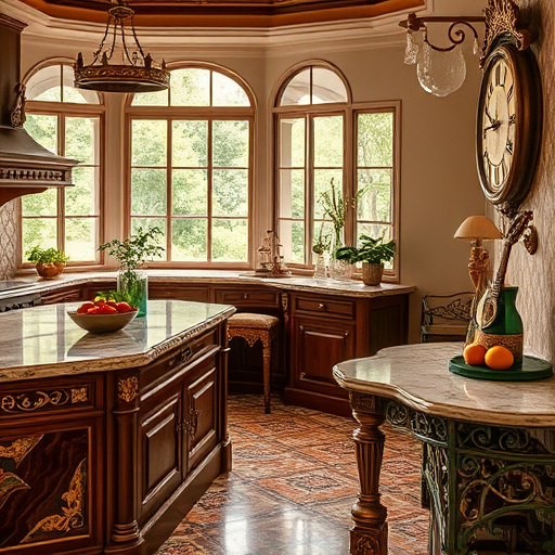 Alt text: "An elegant Baroque-style kitchen in a Spanish-inspired home renovation, featuring a richly textured marble countertop with ornate gold veining, surrounded by vibrant, intricately painted ceramic tiles with traditional Spanish patterns. A luxurious wooden island topped with striking quartz displays colorful herb pots and a bowl of ripe tomatoes. Lush greenery is visible through expansive windows, creating a warm ambiance with natural light casting shadows on elaborate furnishings. Antique brass fixtures hang overhead, enhancing earthy brown, deep green, and gold tones. An oversized clock with leaf-shaped hands adds a whimsical touch, while a charming bar cart with colorful glassware and a vintage guitar hints at a culturally rich lifestyle. The inviting color palette of deep ochres, greens, and golds reflects Spanish heritage and Baroque luxury, embodying warmth and creativity in bilingual home design."