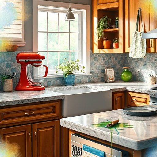 A blog cover image showcasing a stylish kitchen centered around an array of countertop materials available in McKinney, Texas. The image features elegant marble, sleek quartz, and rustic granite surfaces displayed on a modern kitchen island. Vivid textures highlight the polished sheen of the materials and the warmth of natural stone grains. The background includes clever storage solutions, vibrant potted herbs, and minimal kitchen utensils, creating a sense of modern comfort. A friendly cartoonish spatula peeks above the countertop, and cheerful kitchen appliances with faces engage in playful conversation about styles. Soft, natural light filters through a window with sheer curtains, enhancing the inviting atmosphere. The color palette consists of earthy tones like rich browns, soft creams, and subtle grays, accented with playful pastels for balance. The art style features smooth digital brushwork, blending realism and whimsy, appealing to readers exploring countertop options in McKinney.