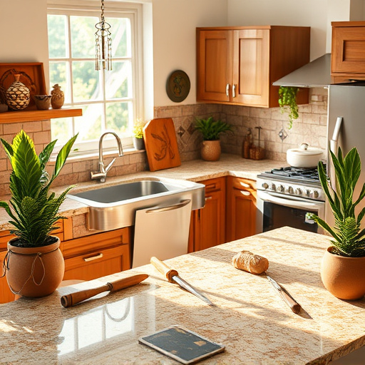 Vibrant blog cover image showcasing a cozy kitchen scene focused on the "Best Countertops Stores in Rockwall, Texas." The image features a variety of stunning countertops, including granite, marble, and quartz, set in an inviting kitchen that reflects Rockwall's charm. Unique craft tools like chisels and stone samples are artistically arranged around the countertops. Elements of Native American art are incorporated, with geometric patterns subtly woven into the countertop designs and decorative tiles adorning the walls. Playful details like small clay animal figures peek from behind appliances and kitchenware, adding a whimsical touch. Lush plants in earthen pots surround the scene, enhancing the natural feel. The brightly lit kitchen has large windows allowing soft rays of sunlight to filter in, casting gentle shadows that highlight the textures of the counters. The warm color palette includes earthy tones—rich browns, warm ochres, and soft greens—evoking an inviting and tranquil atmosphere, perfect for enticing readers to explore countertop options in Rockwall while celebrating Native American artistry.