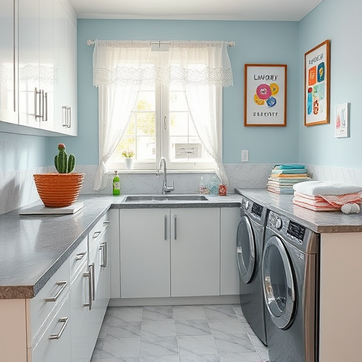 A serene blog cover image featuring sandy beige stone countertops in a beautifully arranged kitchen. The countertops exude beachy vibes, subtly reflecting the warmth of sun-kissed sands. In the background, a soft ocean wave pattern blends harmoniously with light cream and soft blue hues, creating a tranquil seaside ambiance. Delicate seashells and a small potted succulent add a whimsical touch, hinting at coastal living. A glass bottle filled with sand and tiny seashells is placed beside a vibrant bowl of lemons, evoking a fresh summer breeze. The environment is laid-back and open, with soft, abstract shapes reminiscent of gentle ocean waves enhancing the beach theme. The ColorFieldPainting art style employs a palette of sandy beige, soft aqua blues, and muted whites, promoting relaxation and inspiration for readers interested in coastal-inspired home decor and kitchen designs.