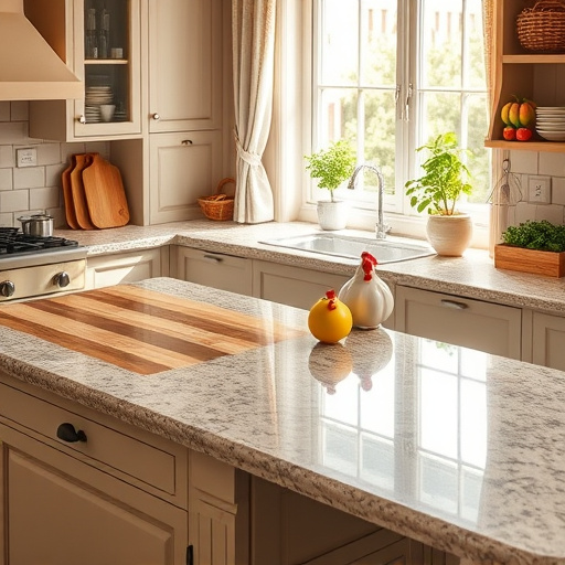 A vibrant kitchen scene featuring beautifully crafted resin countertops arranged in a semi-circle. The glossy surfaces reflect light, showcasing rich swirls of color, from bold blues to warm earth tones. One countertop displays a playful collection of natural materials like stones and wood shavings, hinting at a creative design process. The inviting atmosphere combines professionalism with playful creativity, enhanced by large sunlit windows revealing a lush garden and vibrant green plants. Quirky details include a whimsical hand-painted flower bread box and a vintage coffee maker, adding character. A gleaming cutting board with colorful vegetables emphasizes the kitchen's functionality. The warm creamy whites and soft pastels harmonize with the bold countertop hues, creating a calm and welcoming ambiance that draws viewers in, inviting them to explore design possibilities.