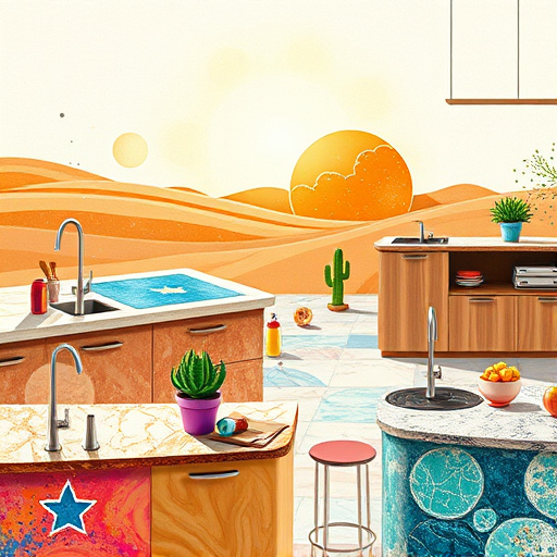 Alt Text: A rustic kitchen scene centered on a beautifully crafted hickory wood countertop, displaying rich grains and warm tones. The countertop is surrounded by charming kitchenware, including earthy-colored ceramic dishware, vintage utensils, and jars of fresh herbs, creating a cozy atmosphere. Whimsical details include a playful squirrel peeking from behind a jar and an animated wooden spoon with a smile. A rustic wooden shelf in the background holds green plants and decorative pieces. Soft, diffused sunlight streams through a window, highlighting the countertop's texture. The art style is Tachisme, with spontaneous bursts of color and informal brush strokes in a warm palette of deep browns, soft beiges, and leafy greens, inviting viewers into a serene space that celebrates the beauty and durability of hickory wood.