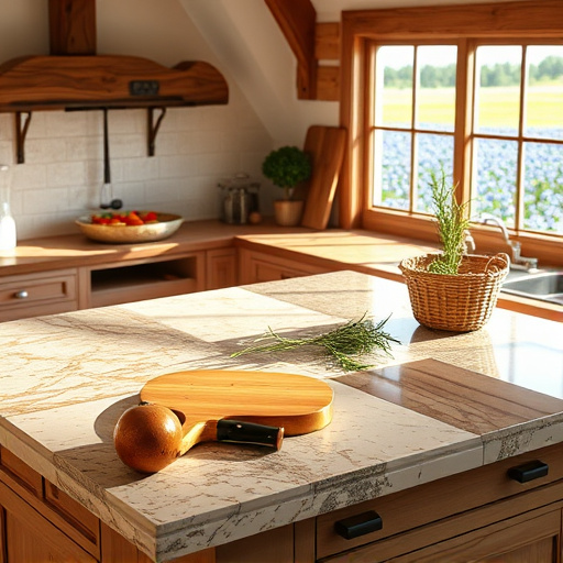 A vibrant outdoor kitchen scene showcasing a variety of unique countertops including sleek granite, rustic wood, and eco-friendly concrete across a long outdoor island. Each countertop features distinct textures and finishes, suggesting durability and ease of maintenance through abstract shapes. The backdrop displays a lush garden with various shades of green and colorful flower bursts, creating a warm atmosphere. A whimsical pergola adorned with climbing vines and fairy lights frames the kitchen area, casting playful shadows on the countertops. An assortment of oversized cooking tools and herb pots adds a playful touch. The sky glows with warm sunset hues of oranges, pinks, and purples, while intricate details on the kitchen emphasize ease and sophistication. The image radiates a Neo-Expressionist flair with bold colors and dynamic brush strokes, inviting viewers to envision their outdoor culinary adventures and explore the joy of outdoor cooking.