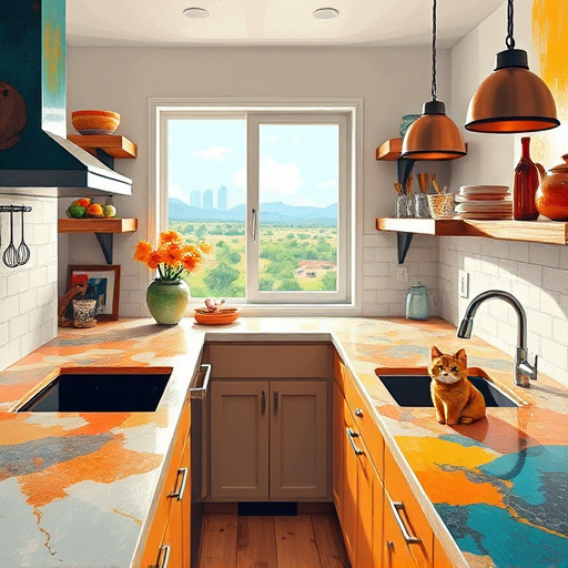 Alt Text: A vibrant blog cover image featuring a cozy, well-lit kitchen that showcases an array of countertops made from granite, quartz, and marble, each displaying unique textures and vibrant colors. The scene includes playful kitchen utensils like an oversized whisk and a whimsical fruit bowl scattered across the countertops, creating a charming atmosphere. The modern yet slightly abstract styling highlights the countertops with flowing surfaces, emphasizing their variety and beauty. In the soft background, blurred elements of Plano's skyline and rustic Texas landscapes are visible through an open window, adding a sense of community. Quirky touches include a cheerful cat lounging atop a countertop and a lively bouquet of unusual kitchen herbs spilling from a colorful pot. The overall Expressionist art style features bold brush strokes and a rich color palette of oranges and deep blues, evoking a cheerful yet sophisticated mood that encourages readers to explore countertop options available in Plano, Texas.