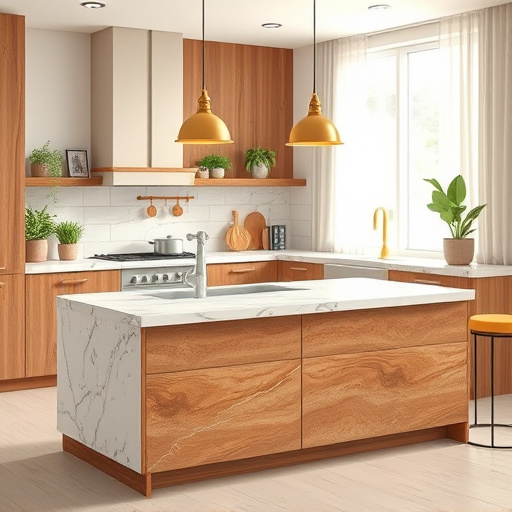 A vibrant blog cover image highlighting 'Benefits of Regular Countertops Maintenance' features a glossy stone countertop in a stylish kitchen. Scattered maintenance tools such as a spray bottle, microfiber cloth, and gentle scrubbing pad emphasize the theme of care. Eco-friendly cleaners with whimsical labels add a playful element, while an abstract kitchen background in vivid oranges and deep blues invokes creativity. The mood balances playful and informative, showcasing stylized food items like fruit and cutting boards, symbolizing a well-cared-for kitchen. Surreal color splashes and dynamic brush strokes create movement, while a cartoonish cat peeks from behind cleaning supplies, adding a light-hearted touch. Soft, warm light filters through a window, casting shadows and enhancing the countertops' shine. The harmonious earth tone palette with bright accents promotes tranquility and positivity, capturing the essence of countertop maintenance in a vibrant, artistic expression.