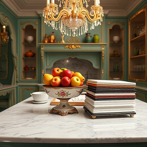 A luxurious Baroque-inspired kitchen scene fills the image, showcasing a polished marble countertop that gleams under the soft light of a crystal chandelier. The room is adorned with ornate gold accents and lush drapery, creating an elegant atmosphere. A whimsical ceramic fruit bowl overflowing with vibrant exotic fruits adds a playful touch, contrasting beautifully against the marble. Elegant kitchen scales are tipped toward a stack of glossy countertop samples shaped like miniature art pieces, featuring various materials like rich woods and sparkling quartz. The color palette consists of deep emerald greens, soft ivory tones, and gold accents, evoking a sense of sophistication and warmth. Intricately designed cabinetry with vintage glassware displayed on antique shelves invites viewers into a grand yet functional space. This captivating composition illustrates the journey of selecting countertops, blending classic Baroque style with modern options, and engaging viewers with its richness and distinctive character.