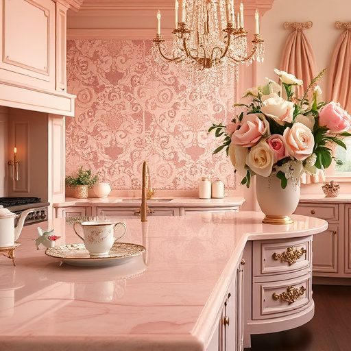 Luxurious Baroque-inspired kitchen featuring blush pink quartz countertops that glisten under warm, golden light. The intricate carvings of floral motifs and ornate patterns reflect the elegance of the Baroque era. Surrounding elements include vintage porcelain teapots and dainty tea cups in pastel pink and gold, adding feminine charm. Playful kitchen utensils shaped like flowers and butterflies are neatly positioned beside the countertops. The inviting and serene mood is enhanced by an elaborately tiled backsplash with deep mauve and soft cream swirling patterns, adorned with gold leaf highlights. An ornate chandelier with crystal droplets hangs above, casting a warm glow. The walls are painted blush, harmonizing with the countertops, while the dark wood floor provides rich contrast. Delicate herbal plants in vintage glass jars and a large creamy vase filled with blush peonies and white roses offer freshness and elegance, inviting a sense of beauty and artistry in this serene kitchen scene.
