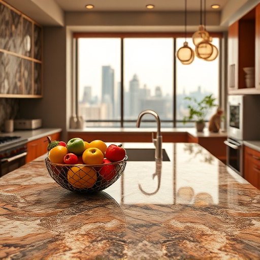 A hyperrealistic image for a blog cover titled “Top-Rated Countertop Providers in Austin, Texas,” featuring an elegant kitchen setting with a stunning display of granite and quartz countertops in various rich textures and colors. Each countertop showcases intricate veining and polished surfaces that reflect warm, natural light. The professional yet inviting mood evokes trust and aesthetic appeal. A stylish fruit bowl filled with vibrant, locally-sourced produce adds fresh inspiration, while a playful cat peeks from behind the countertop, introducing warmth and life to the scene. The background features a soft-focus view of the Austin skyline through a large window, merging urban sophistication with homey comfort. The color palette includes warm earth tones, deep browns, soft creams, and vibrant greens from strategically placed plants, creating a serene yet energetic atmosphere that encourages viewers to envision their culinary lifestyle enhanced by these exquisite countertops.