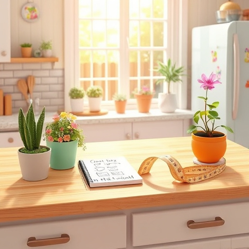 A warm and inviting family-friendly kitchen features a spacious, polished granite island countertop that gleams under soft, ambient lighting. The countertops are adorned with colorful fresh produce, including vibrant red tomatoes and crisp green herbs, indicating a cooking adventure. Quirky, patterned dish towels hang on a nearby stove, while whimsical animal-shaped spice jars add playfulness. In the background, a cheerful sunlit window reveals a flourishing herb garden, with butterflies fluttering outside, enhancing the connection with nature. The color palette of warm yellows and soft greens evokes comfort and homeliness, making it ideal for family gatherings. The scene includes a simple spray bottle for cleaning next to a wooden cutting board, highlighting a lived-in feel. An artistic print of a family recipe hangs on the wall, providing warmth and history, while gleaming copper pots and pans reflect soft overhead light. The realistic art style captures textures, from granite veining to the softness of dish towels, creating an inviting atmosphere for joyful moments and culinary creativity.