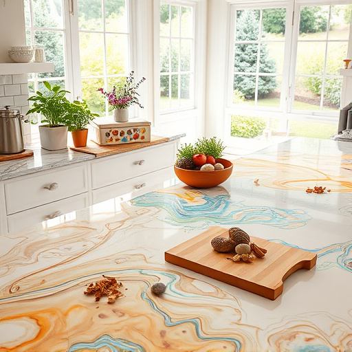 Alt Text: A beautifully transformed laundry room featuring modern gray and white-veined countertops and shiny contemporary appliances under soft natural light. Fresh pastel blue walls create a serene atmosphere, while quirky details like a fruit-shaped laundry basket, a potted cactus on the countertop, and colorful vintage washing machine art add personality. Neatly folded laundry and a playful fabric softener bottle enhance the inviting mood, complemented by stylish tiled flooring that ties the design together, showcasing the impact of countertop replacement in updating a dated space.