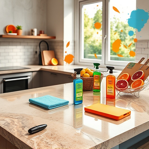 Alt text: A blog cover image centered on "laminate countertops with a stone look" featuring an artistic fan arrangement of various laminate swatches that replicate textures of marble, granite, and slate. Surrounding elements include a subtle wooden cutting board and a sleek knife, enhancing the kitchen atmosphere. A small, whimsical cartoon rock wearing sunglasses rests on one of the swatches, symbolizing a blend of luxury and practicality. The background displays a smooth gradient from soft taupe to gentle cream, with a warm earth-tone color palette, creating an elegant and inviting ambiance without any text.