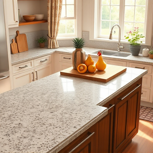 Serene blog cover image depicting the art of installing countertops in a mobile home kitchen. The scene features a polished marble countertop with delicate veining, accompanied by stylish tools such as a sander, measuring tape, and placement guides, all arranged artfully without human figures. A playful cat peeks out from beneath the countertop, adding a quirky touch, while small potted plants on the windowsill enhance the inviting atmosphere. The cozy kitchen blends modernity and charm, with light streaming through a window dressed in bamboo curtains, a traditional wooden shelf displaying colorful spice jars, and hand-painted botanical motifs on the walls. The composition is rendered in a Chinese Brush Painting style, using a harmonious color palette of tranquil greens, soft earth tones, and gentle ochres, creating a calm and inspiring visual experience that encourages creativity and skill in DIY home improvement.