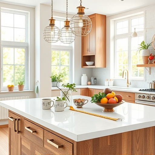 A blog cover image centered on "countertops height," featuring a stunning kitchen space that highlights the importance of countertop dimensions. The focal point is a beautifully designed kitchen island with a combination of sleek quartz and textured wood finishes, set at a comfortable height and accompanied by whimsical measuring tapes, emphasizing customization options. Above the island, unique pendant lights crafted from recycled materials add a playful touch. The kitchen is bathed in vibrant natural light from large windows, which illuminate colorful potted herbs on the windowsill. The countertop displays quirky ceramic mugs with mismatched patterns alongside a vintage-style fruit bowl overflowing with fresh produce, creating a lively and warm atmosphere. The overall tone is calm and inviting, perfect for those seeking kitchen inspiration, with photorealistic art enhancing textures and colors. Soft pastels and earthy tones dominate the palette, reflecting a contemporary yet cozy aesthetic, while stylish appliances and open shelving displaying charming dishware complete the polished vibe.