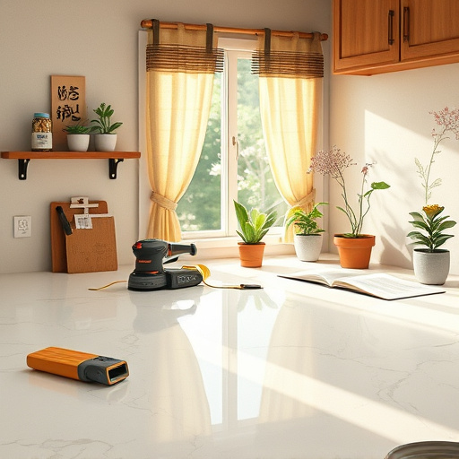 A cozy kitchen scene featuring a magnificent cork countertop with rich texture and natural hues illuminated by soft, warm lighting. The countertop's earthy tones of beige, light brown, and subtle green create a calm atmosphere. In the foreground, vibrant kitchen accessories, including a colorful cutting board, quirky utensils, and a small potted plant, add personality. The background showcases an open kitchen with wooden cabinetry and shelves filled with ceramic dishes and jars of spices, enhancing the homely feel. Softly lit windows filter gentle daylight, casting a serene glow. A small cork bulletin board on the wall displays handwritten notes, recipes, and colorful postcards, adding a personal touch. The scene highlights the comfort of cork flooring, echoing a playful and nurturing spirit, balancing functionality and aesthetics while inviting admiration for the warm kitchen environment.