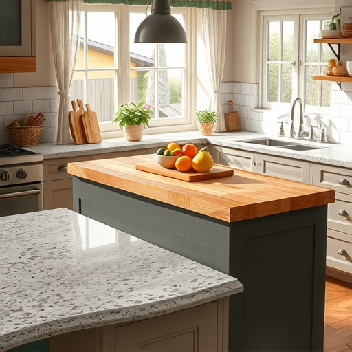 A beautifully arranged kitchen scene emphasizing various countertop types that embody durability and family-friendly design. The centerpiece features an elegant island with a polished granite surface, showcasing unique speckled patterns that catch the light. Surrounding it is a rich, rustic butcher block countertop, exuding a warm, inviting atmosphere, complete with neatly arranged kitchen gadgets such as colorful cutting boards and a whimsical ceramic salt shaker shaped like a chicken. In the background, a sleek quartz countertop displays subtle veins, its pristine surface reflecting cheerful morning light. Adding a playful touch, a tiny fruit basket filled with cartoonish fruits and a small potted herb garden thrive on the sunlit windowsill, enhancing the calm environment. The homely kitchen features soft curtains and vintage tiles, enhancing the warm tone of the scene. The overall mood is inviting and cheerful, conveying comfort and practicality for families creating lasting memories. The realistic art style beautifully captures textures and colors with a soft palette of earthy tones complemented by vibrant pops, resonating with a sense of durability and warmth.