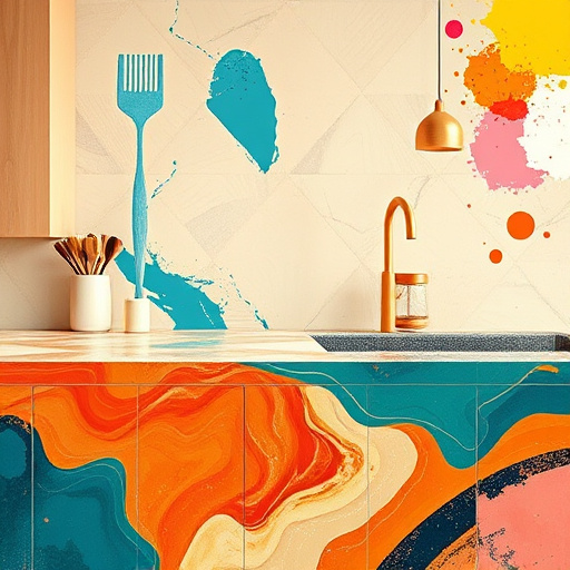 A vibrant family kitchen bustling with activity, featuring a polished quartz countertop illuminated by pendant lights. The countertop displays a colorful array of fresh ingredients, including red tomatoes, leafy basil, and a decorative bottle of olive oil, hinting at culinary creativity. A quirky ceramic cat-shaped salt shaker adds whimsy. Surrounding the countertop, richly textured wooden cabinets showcase a mix of colorful dishes, creating a lived-in feel. The backsplash is adorned with intricate vintage tiles in warm taupe and cream, reflecting High Renaissance art aesthetics. A large window reveals a sunlit garden with flourishing herbs, casting soft shadows in the kitchen. The atmosphere is warm and inviting, enhanced by a bright yellow dish towel, cobalt blue ceramic bowls, and a vibrant green potted plant, evoking the joy of family gatherings. The scene captures the playful essence of cooking and the beauty of shared moments, presenting a dynamic and cozy setting that embodies everyday life and familial bonds.