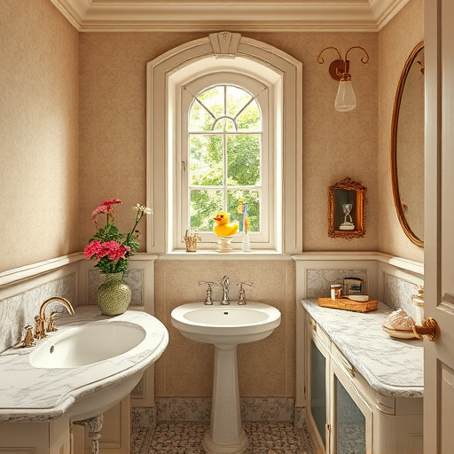 A captivating Renaissance-style blog cover image illustrating "What Are the Cheapest Countertops for a Small Bathroom." The focal point is an elegantly designed small bathroom featuring a variety of countertop materials, including polished granite and chic laminate, each showcasing unique textures. The countertops are accessorized with decorative items, such as a delicate vase of fresh flowers, colorful bath salts, and a whimsical seashell-shaped soap dish, adding charm to the setting.
Richly textured pastel walls with intricate moldings and subtle floral patterns create an elegant backdrop. Natural light streams through a small, ornate window, illuminating the lush greenery outside and enhancing the serene atmosphere. The old-world tile floor, adorned with intricate designs, grounds the scene in Renaissance aesthetics.
Quirky elements, like a small ornate mirror reflecting whimsical items, a vintage toothbrush holder, and an antique hourglass, playfully complement the decor. A cheerful rubber duck rests on the countertop, infusing a lighthearted touch. The warm color palette, featuring soft creams, muted greens, and gentle blues, fosters a calm and inviting ambiance, encouraging readers to explore affordable yet stylish bathroom solutions while immersing them in the elegance of Renaissance artistry.