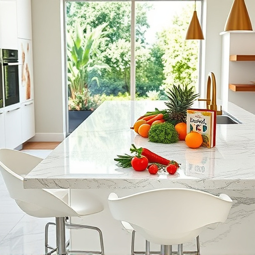 A bright and pristine kitchen defined by natural light showcases a stunning recycled glass countertop, shimmering with iridescent blues, greens, and soft whites, reminiscent of polished pebbles and ocean waves. Surrounding the countertop, lush houseplants with vibrant green leaves cast gentle shadows, contributing to a serene and eco-friendly atmosphere. In one corner, a playful mason jar filled with colorful straws made from recycled materials sits beside an artisanal ceramic fruit bowl overflowing with local produce, emphasizing sustainability. A framed quote reading “Live Sustainably” with botanical illustrations enhances the natural vibe. Minimalist cabinetry in warm wood tones complements the space, while a soft white subway tile backsplash adds texture. The composition highlights the glass countertops' brilliance, inviting viewers to envision a beautiful, eco-conscious home. The realistic art style captures light reflections on glass and the delicate nature of plants, harmonizing soft earth tones with vibrant hues for an uplifting aesthetic catered to environmentally-conscious homeowners.