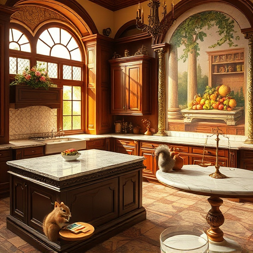 Alt text: A modern kitchen featuring a zinc countertop as the focal point, showcasing its brushed texture and subtle sheen. The countertop is surrounded by geometric shapes hinting at various kitchen tools like pots, pans, and utensils, creatively integrated into the design. The scene exudes a calm and sophisticated atmosphere, with quirky details such as a small abstract plant in a geometric pot, a minimalistic clock, and playful utensils surrounding the countertop. The background features a soft gradient of cool grays and muted metallic blues, enhancing the contemporary aesthetic. The image reflects the 'GeometricAbstraction' art style with sharp angles and clean lines, capturing the allure of zinc in home decor while inspiring creativity and modern living.