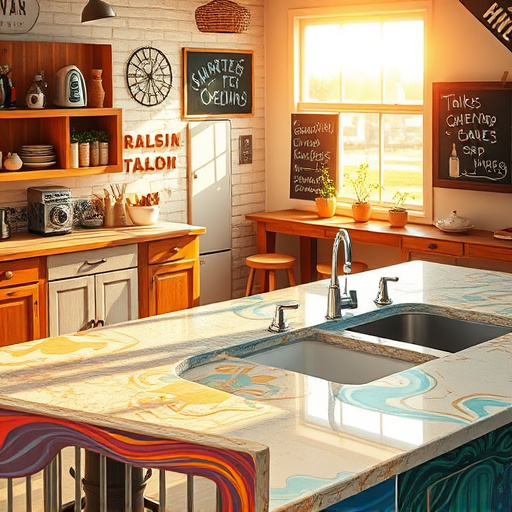 A striking blog cover image depicting a beautifully staged kitchen centered around the theme of "countertops sandstone for earthy tones." The image showcases a luxurious sandstone countertop, highlighting its textures and subtle variations in shades of beige, brown, and cream. Instead of human figures, the scene includes an array of kitchen accessories such as artisanal pottery, vibrant fresh vegetables, and elegantly arranged plants, bringing a touch of nature indoors. The mood is calm and inviting, evoking warmth and comfort that inspires creativity in culinary spaces. A playful cat is perched on the countertop, curiously studying a bowl of colorful fruits. Additionally, whimsical kitchen timers shaped like garden gnomes add a cheeky twist. The environment is bathed in warm, diffuse lighting, enhancing the earthy tones of the sandstone and creating a soft glow that accentuates the textures. In the blurred background, shelves filled with jars of spices and herbs evoke homeliness and abundance. The scene is rendered in an Expressionist style, featuring bold brush strokes and dynamic shapes that convey warmth and character. The cohesive color palette includes rich ochres, soft terracottas, and muted greens, inviting viewers to imagine the endless cooking possibilities in this delightful space.