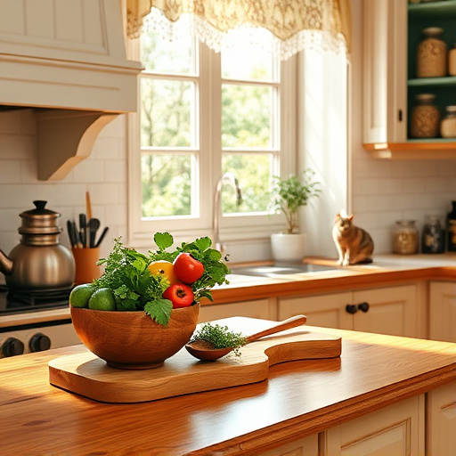 A cozy, sunlit kitchen scene illustrating the functionality of countertops versus tabletops. The focal point is a lavish marble countertop adorned with colorful fruits, elegant cutting boards, and an array of pots and pans, all glowing in warm sunlight filtering through a rustic window. In the foreground, a charming round wooden farmhouse table displays a vintage teapot and an open cookbook, symbolizing gathering and sharing experiences. Playful kitchen utensils and vibrant flowers enhance the cheerful ambiance, creating a lively and inviting atmosphere. Deep greens, golden yellows, and soft browns evoke a sense of nostalgia and comfort, while quirky details like a curious cat and a tiny bird add personality. A quaint garden is visible through the window, emphasizing the connection between home and nature, showcasing the unique functionalities of both surfaces.
