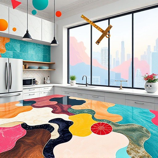A vibrant blog cover image illustrating the theme of estimating countertop costs for custom designs features a spacious kitchen with a stunning countertop crafted from a variety of materials, including marble, quartz, and granite, interconnected in an abstract style. Above the countertop, playful geometric shapes and tool icons such as tape measures and scales float, symbolizing the creative process involved in design. The image balances professionalism with whimsy, highlighted by a bubbling cauldron of color where paint swatches float. In the background, an oversized window displays a surreal urban landscape in soft pastels that blend with the bold countertop colors. Quirky details, like a cheeky cat peeking from behind tiled surfaces and pots with faces nurturing herbs, add charm. The art style reflects Neo-Expressionism, featuring bold brushstrokes with a dynamic color palette of rich jewel tones and pastels, creating a visually inviting scene that makes the topic of countertop estimation engaging and approachable. Swirls of orange and teal accentuate warmth and creativity, while deeper reds and greens emphasize professionalism, drawing viewers into the exploration of countertop costs.