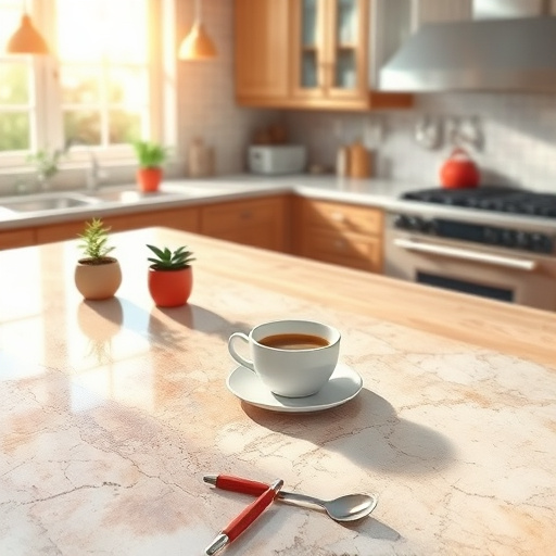Alt Text: A blog cover image showcasing a spacious, modern kitchen featuring elegant countertops with an intricate geometric pattern, reflecting glossy finishes in rich navy blues, warm golden hues, and vibrant color splashes of orange and green. Minimalist kitchen cabinets with chic abstract handles flank the countertops, complementing the contemporary design. A geometric-patterned backsplash serves as a cohesive backdrop, while colorful kitchenware peeks from open shelves, adding a homely touch. Floating abstract representations of kitchen tools like whisks and cutting boards add a quirky element. Bright, diffused lighting creates playful shadows, enhancing the geometric abstractions. This visually striking scene conveys a professional yet inviting mood, perfect for inspiring readers to upgrade their rental properties through stylish design innovations.