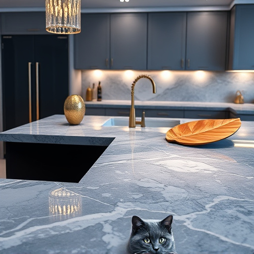 A hyperrealistic blog cover image featuring a luxurious olive green granite kitchen countertop, reflecting its organic style. The countertop is beautifully arranged with fresh, vibrant ingredients like ripe avocados and aromatic herbs, including basil and rosemary. Earthy textures are represented by wooden utensils and a polished mortar and pestle, highlighting a blend of cooking and nature. The image radiates a calm and inviting atmosphere, suitable for inspiring culinary creativity.
In the softly blurred background, a modern kitchen is bathed in natural light from large windows, adorned with lush hanging plants that complement the organic theme. Playful elements, such as a whimsical reclaimed wood fruit bowl and leaf-shaped salt and pepper shakers, infuse personality into the scene. The composition is designed to draw attention to the olive green granite's intricate swirls and patterns, conveying movement and life. A harmonious color palette of soothing greens, warm earthy tones, and vibrant produce enhances the balanced and inviting feel of the image, inviting readers into a culinary exploration. The hyperrealism captures every detail, from the granite's glistening surface to the textures of the ingredients, creating a striking first impression for the blog's audience, devoid of human figures to let the scene resonate independently.