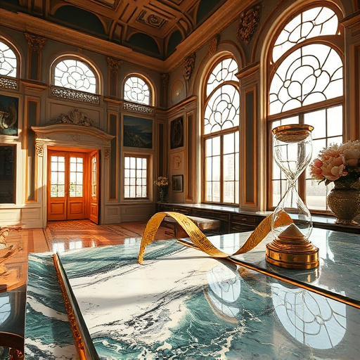 A Baroque-inspired countertop showroom in Denton, Texas, features an opulent interior with high, intricately decorated ceilings and warm, ambient lighting. The foreground showcases luxurious marble countertops in deep greens and creamy whites, highlighted by intricate vein patterns. Playful sculptures of diverse materials complement the countertop display, marrying functionality with artistry. A flower arrangement of Southern magnolias adds a Texan charm atop one countertop. Quirky details, like a golden measuring tape and a vintage-style hourglass, hint at expert craftsmanship. Sunlight streams through embellished windows, casting shadows that enhance the lavish atmosphere. The overall aesthetic combines sophistication with an inviting touch, showcasing a rich color palette of royal blues, vivid golds, and earthy greens, evoking luxury and comfort, while traditional Baroque motifs subtly enrich the background.
