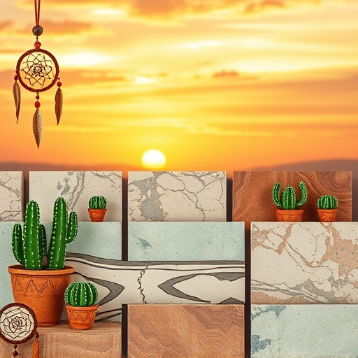 A captivating blog cover image centered on "Best Countertops Stores in Denton, Texas." The image features an aesthetically pleasing collage of vibrant countertops made from materials like granite, quartz, and marble. Surrounding the countertops are playful elements such as small, hand-painted cacti that evoke the Texan landscape, along with whimsical touches like tiny dreamcatchers inspired by local culture hanging from a corner. The background showcases a serene Texas sunset with soft warm hues of oranges and purples, creating a calming ambiance. The design merges traditional Native American art patterns with modern elements, using a color palette of earthy tones like terracotta, sage green, and muted azure. Subtle geometric shapes inspired by Native American motifs enhance the visual interest, while textures in the image reflect craftsmanship that celebrates both historic and contemporary countertop selection in Denton.