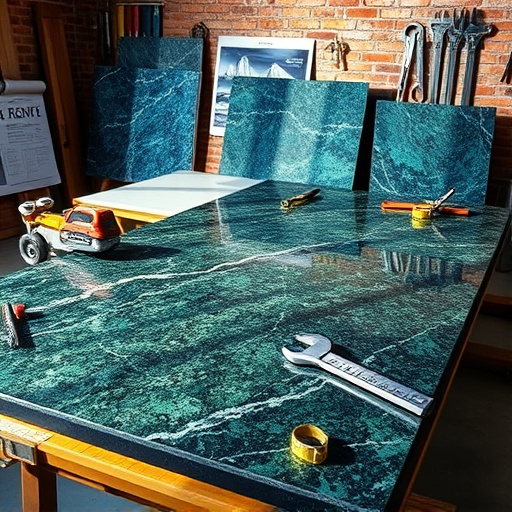 A hyperrealistic image of a countertop installation scene featuring heavy granite slabs in shades of deep blues, greens, and blacks. The richly textured granite is laid out on a sleek workshop table, reflecting light with intricate glimmers of quartz on its polished surfaces. Surrounding the slabs are various tools, including saws, clamps, and measuring tapes, arranged to convey professionalism. Soft, natural lighting casts gentle shadows, enhancing the three-dimensional quality of the granite. The mood is calm yet focused, reflecting precision and expertise in the installation process. A playful wrench with eyes peeks from behind a slab, adding charm. A blueprint for the countertop design lies unfurled, showcasing the planning involved. In the background, a partially visible brick wall displays tools and finished granite countertops, emphasizing craftsmanship and innovation. The color palette harmonizes cool tones of the granite with warm wood and soft browns of the brick, inviting appreciation of the artistry in heavy granite slab installation.