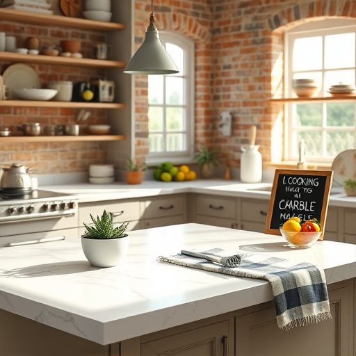 A stunning blog cover image depicting "marble countertop suppliers in my city," featuring an elegant marble countertop as the focal point in a rustic kitchen setting. The countertop, adorned with a tiny potted succulent, artisanal tools, and a vibrant fruit bowl filled with exotic fruits, adds personality to the scene. The warm kitchen features brick walls and open shelves with assorted kitchenware, creating an inviting atmosphere. Soft natural light filters through a window, highlighting the intricate veining of the marble and enhancing the calm, earthy color palette of muted whites, soft grays, and pastel accents. Playful elements like a patterned kitchen towel and a handwritten chalkboard note about cooking with marble further enrich the composition, combining elegance and practicality in home design.
