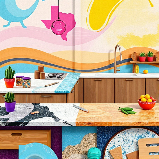 Alt Text: A vibrant Tachisme-inspired cover image themed "The Best Countertops Options in Arlington, Texas," showcasing a dynamic array of textured surfaces. Features stunning marble with vivid swirls, sparkling quartz with glistening flecks, and rich wooden finishes. Elements like the Texas star are subtly integrated amidst cheerful colors, creating a playful atmosphere. Whimsically oversized kitchen islands display unique decorations: potted cacti in vibrant ceramic pots, colorful utensil jars, and cheerful fruit bowls. The color palette includes bright blues, lush greens, and warm earth tones in a mosaic layout. An abstract Texan landscape serves as a soft backdrop, resembling rolling hills and sun-streaked skies, enhancing the tactile quality of the image. Quirky cartoon-style kitchen gadgets, such as a smiling knife and animated cutting board, peek from the edges, adding a playful touch. The overall composition ties local charm to the creative process of selecting the perfect countertop, inviting viewers to explore kitchen design possibilities.