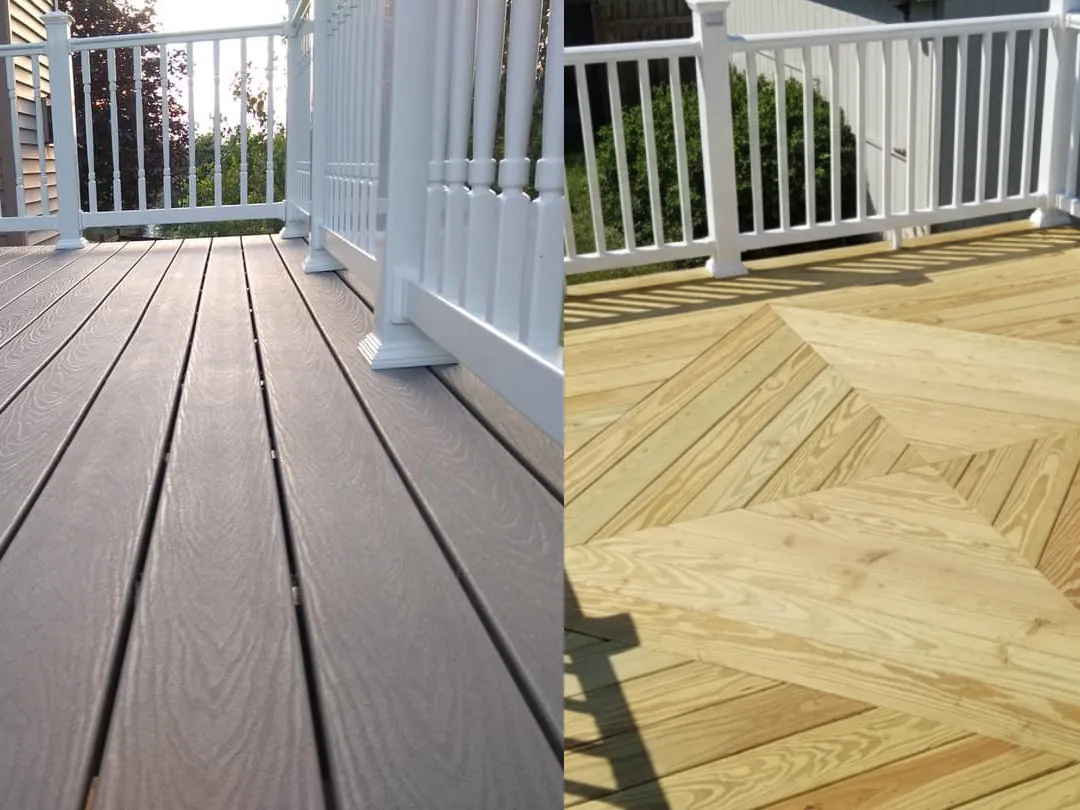 Pressure-treated wood and composite Trex deck side by side built by 1st Addition Remodeling in the Poconos, Pennsylvania