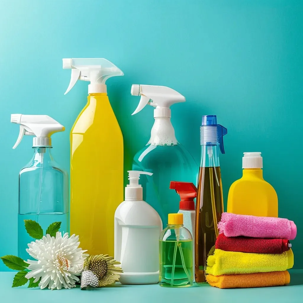 A collection of cleaning products, including spray bottles and liquid containers, arranged on a turquoise background with colorful towels and flowers, representing eco-friendly and traditional cleaning solutions.