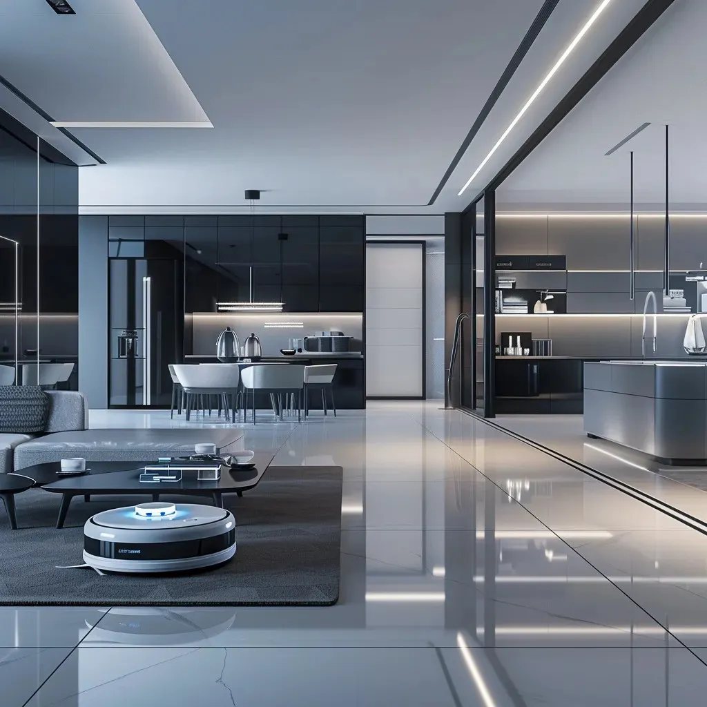 A sleek, modern smart home with a robotic vacuum cleaning the glossy floor, featuring high-tech kitchen appliances and a minimalist living room.