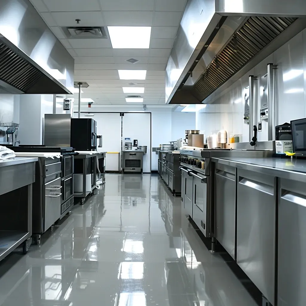 A spotless commercial kitchen with gleaming stainless-steel surfaces, polished floors, and sanitized countertops. Bright lighting highlights the cleanliness and hygiene of the space.