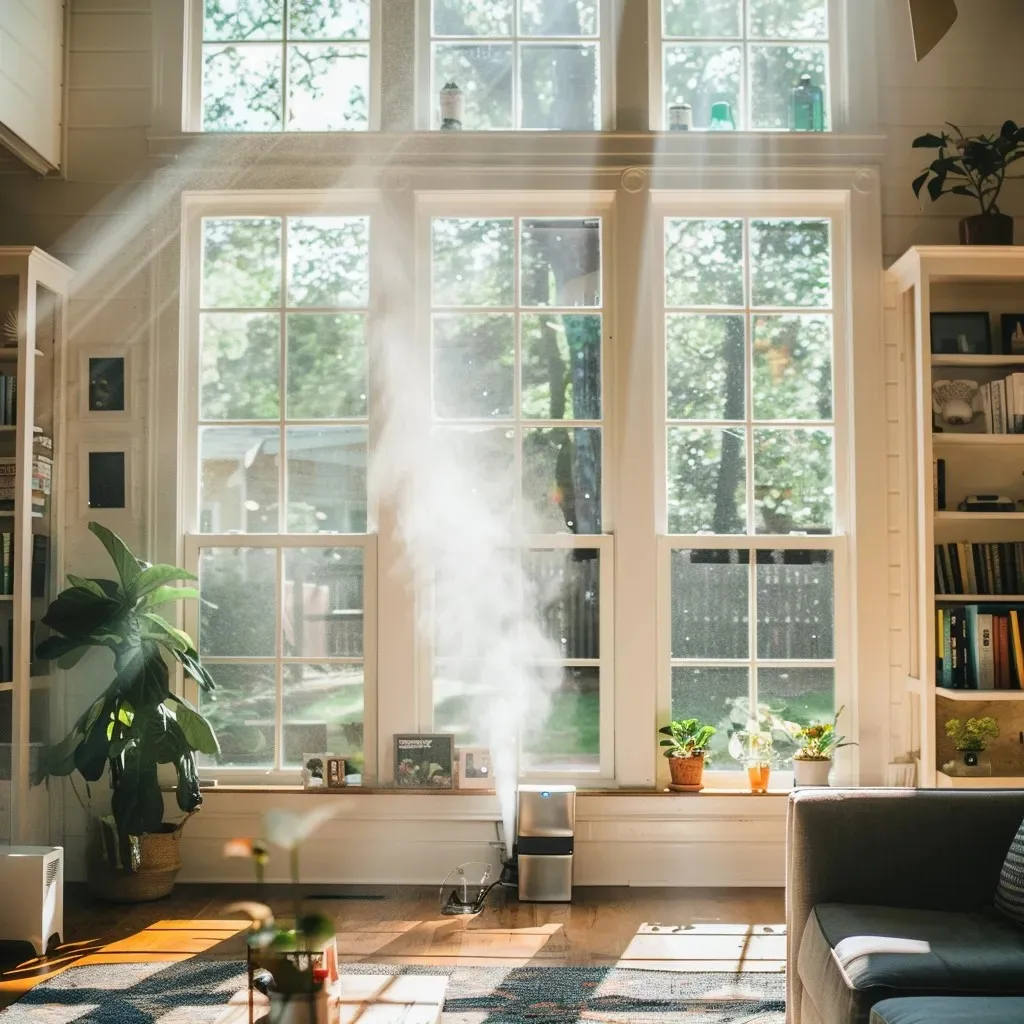 A bright and clean Raleigh home with open windows, fresh air, and sunlight. A person dusting shelves, vacuuming carpets, and using an air purifier. Pollen and dust particles being filtered out, symbolizing allergy relief.