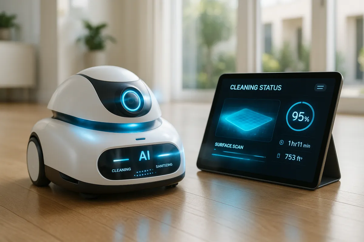 Sleek AI-powered cleaning robot gliding through a bright, modern home, scanning and sanitizing surfaces with real-time data displayed on a nearby tablet.