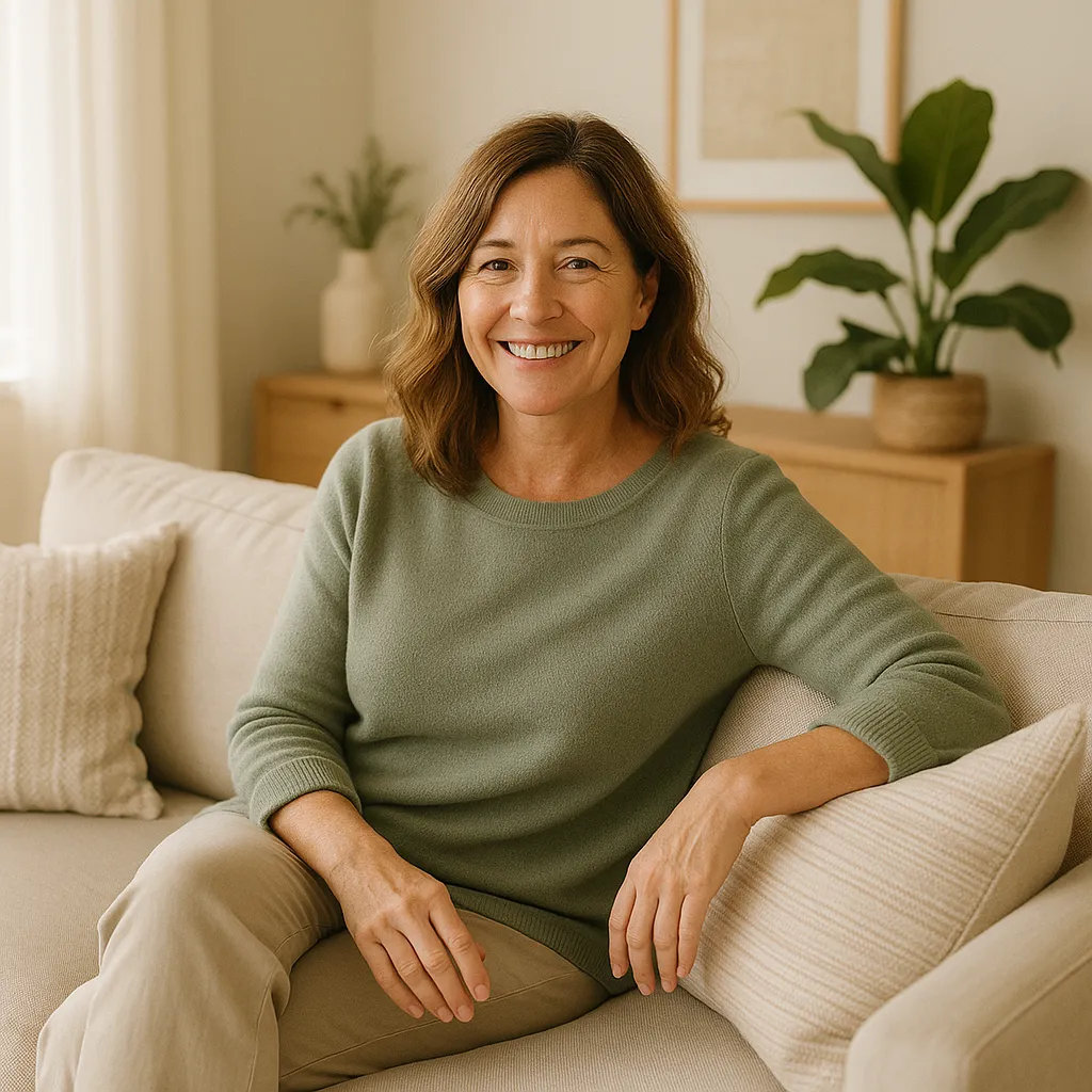 Sunlit, clutter-free living room with soft textures and natural elements, as a smiling homeowner relaxes on the couch, surrounded by calm and order.