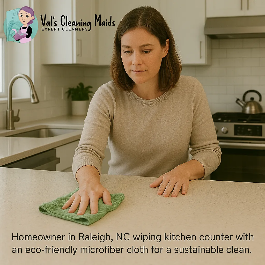 Wake County homeowner cleaning kitchen with eco-friendly supplies