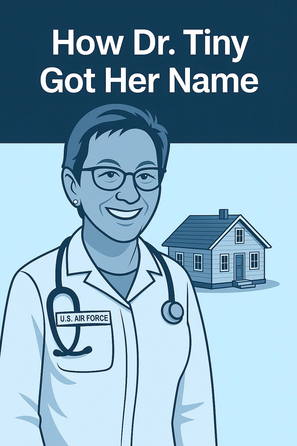 Illustrated portrait of Dr. Tiny, a smiling woman with glasses, representing her journey from Air Force veteran to housing advocate, alongside a small home symbolizing affordable housing.