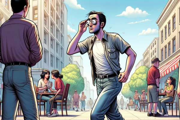 Veteran in civilian attire experiencing hyper-vigilance while walking on a bustling city street, reflecting the contrast between his heightened awareness and the everyday urban life around him