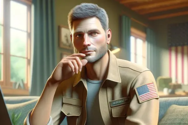 A contemplative male veteran, recently honorably discharged, sits in a cozy, personal space, dressed in casual civilian clothes. He gazes thoughtfully at a laptop screen, reflecting on his options for overcoming PTSD-related challenges, including anxiety and stress. The setting conveys a sense of peace and potential healing, emphasizing his journey towards recovery and well-being.