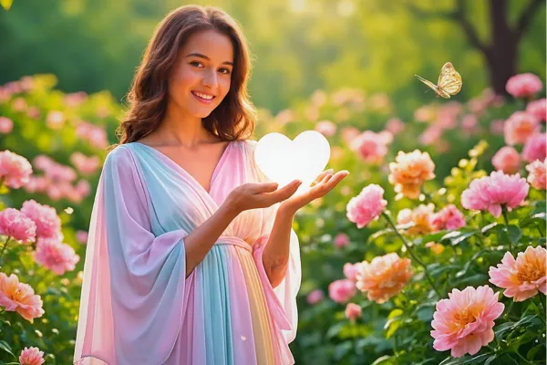 Woman in garden holding glowing heart, symbolizing healing childhood wounds for trust in relationships.