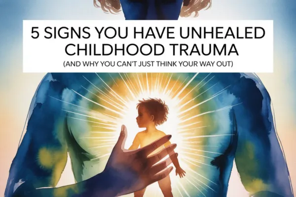 Abstract watercolor illustration of a person's silhouette with a glowing inner child figure visible in their chest, warm healing light radiating outward in gentle blues and golds, with title "5 Signs You Have Unhealed Childhood Trauma