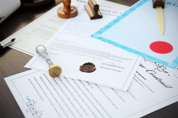 Documents with notarial stamps representing the services of Notary Hero & Apostille Services.