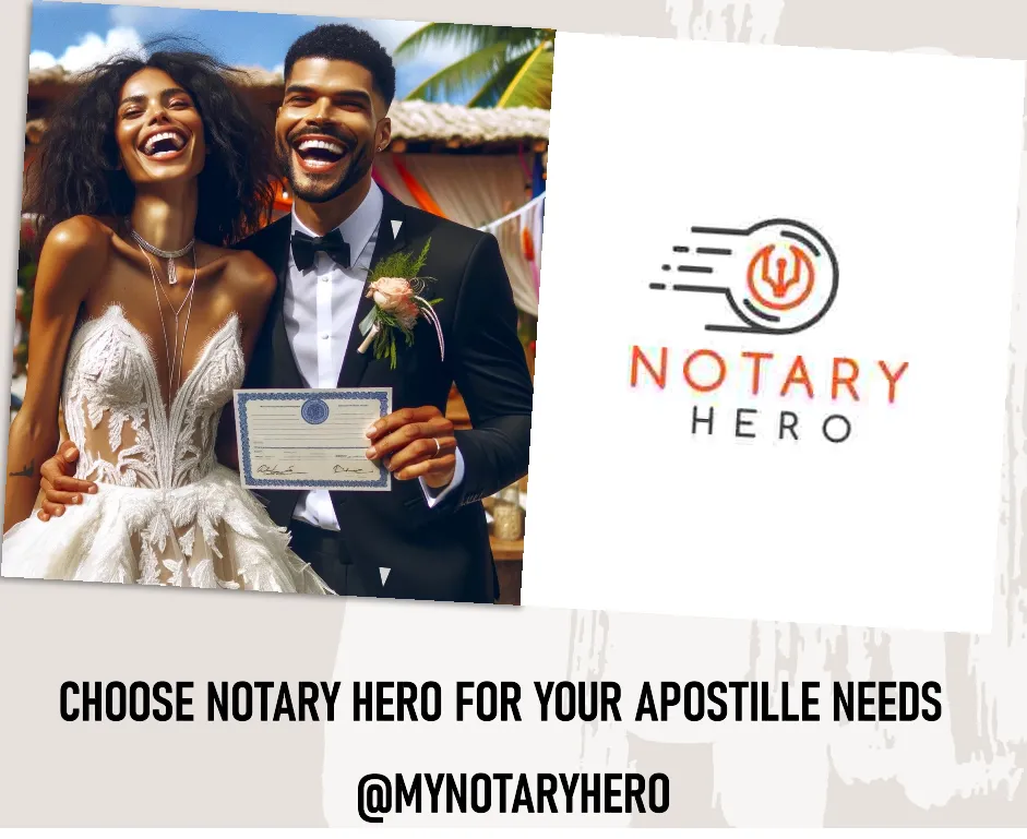 A couple holding a certified Single Status Apostille in New Jersey, ready for their international wedding, with Notary Hero logo in the background.